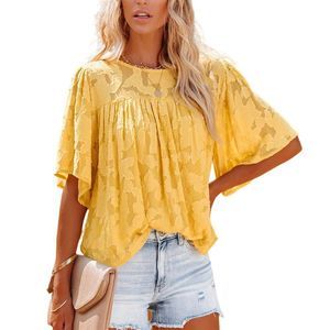 IZURIA Yellow Floral Jacquard Bell Sleeve Gathered Front Top Size L
